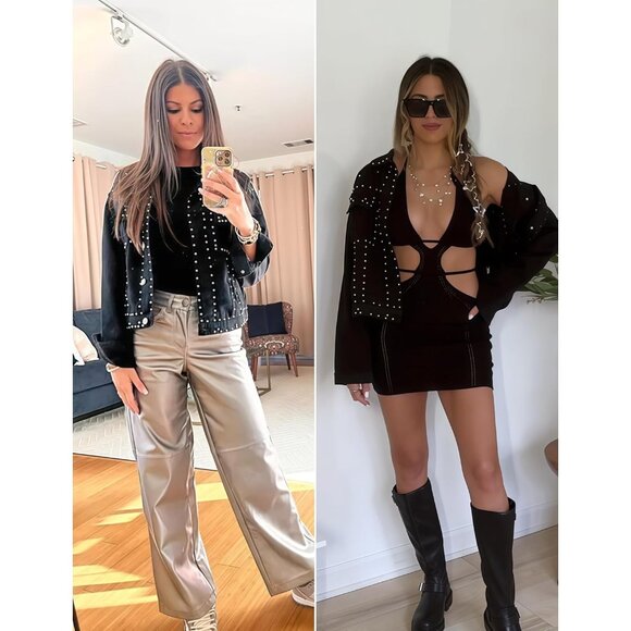 Women's Black Studded Cropped Jean Jacket Western Distressed Denim Coat Outdoor - Picture 5 of 5